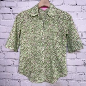 Vintage Lilly Pulitzer Button Up Blouse Top Shirt Size 6 Pink Green Animal Print